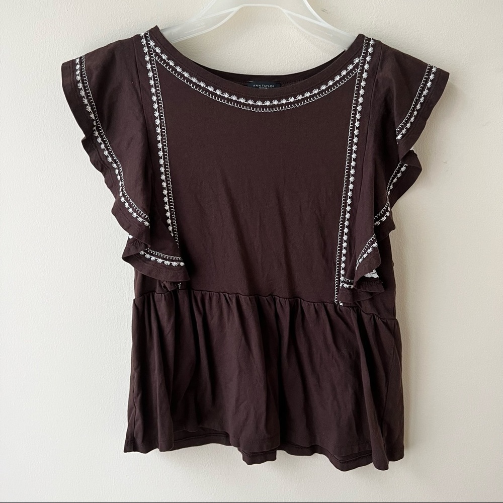 Ann Taylor Brown Ruffled Top with Floral Detail